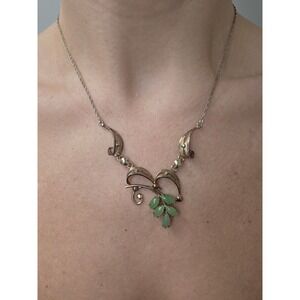 Vtg Signed Sorrento Gold Wash Sterling Silver Filigree Jade Necklace Victorian